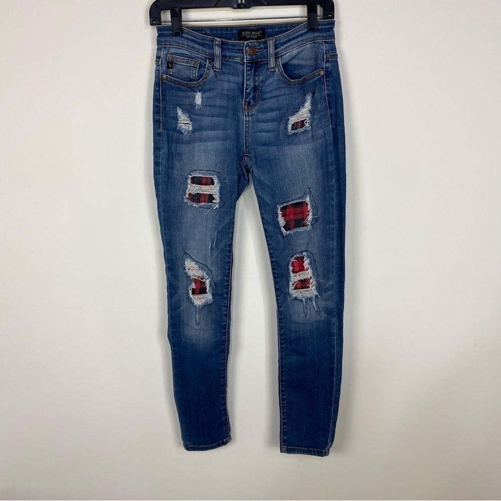 Judy Blue plaid distressed skinny denim jeans christmas holiday